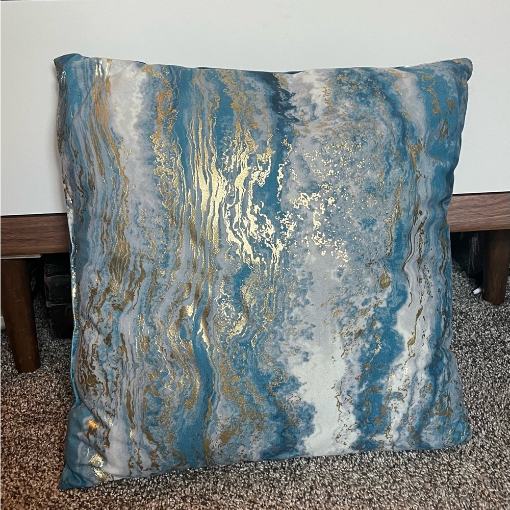 Luxurious Blue and Gold Marbled Accent Pillow